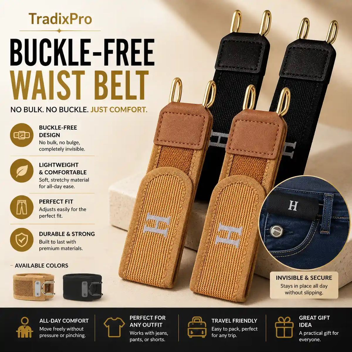 Buckle-Free Elastic Belt with Flat Hidden Closure, Unisex