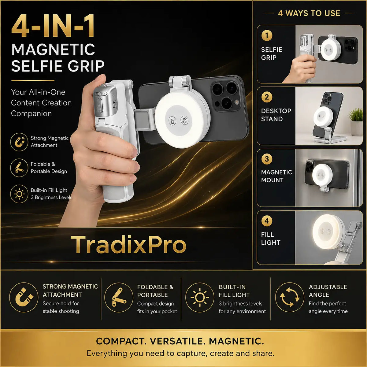Magnetic Phone Tripod Grip with Fill Light and Bluetooth