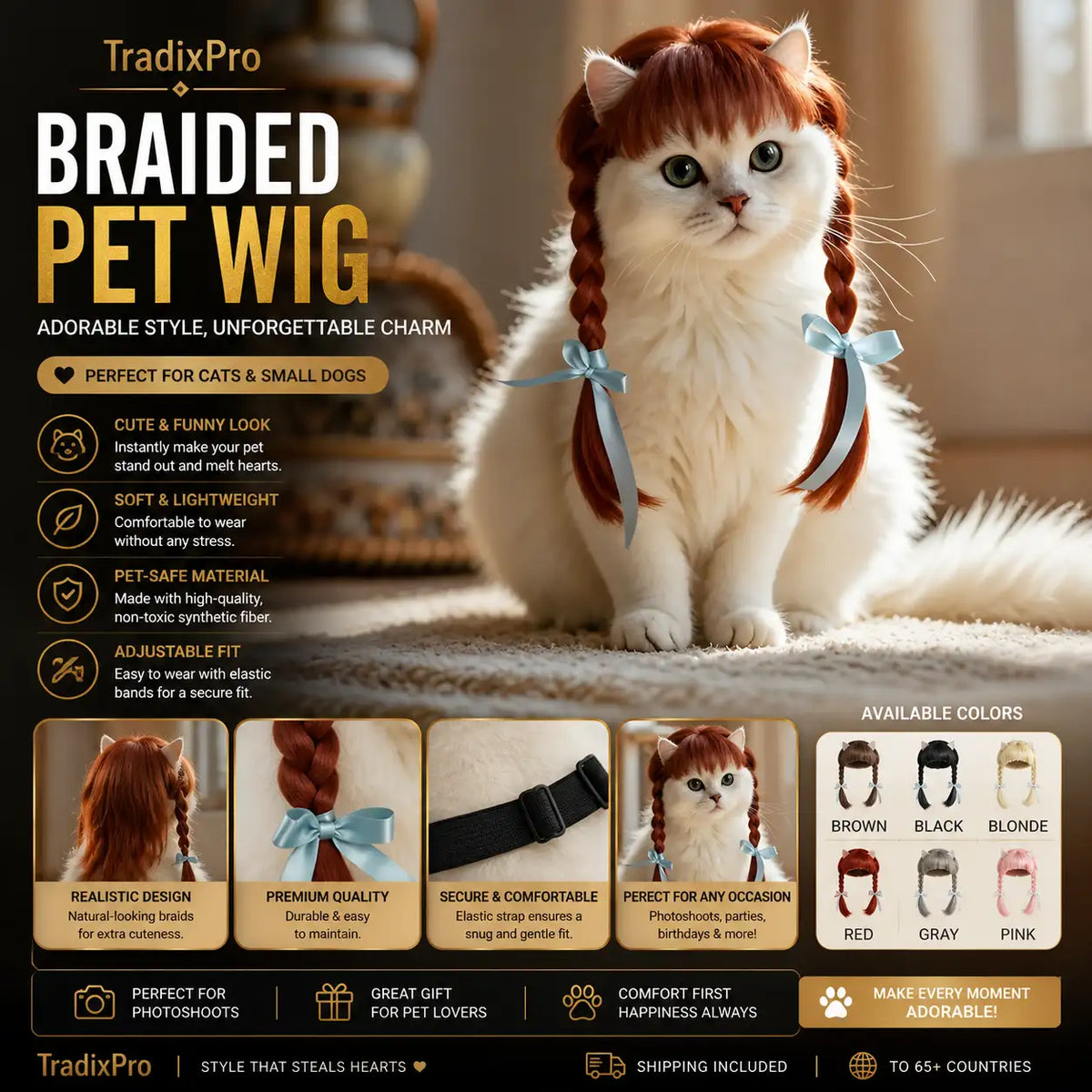 Braided Pet Wig with Bangs and Ribbon Bows for Cats & Small Dogs