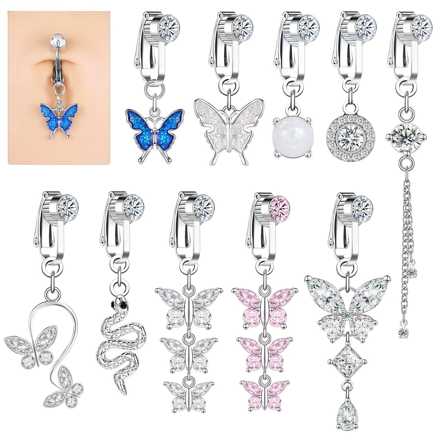 Clip-On Belly Button Piercing CZ Crystal - No-Pain Fake Navel Ring 10 Styles - TradixPro