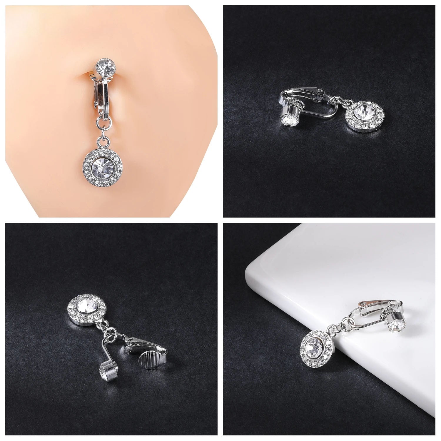 Clip-On Belly Button Piercing CZ Crystal - No-Pain Fake Navel Ring 10 Styles - TradixPro