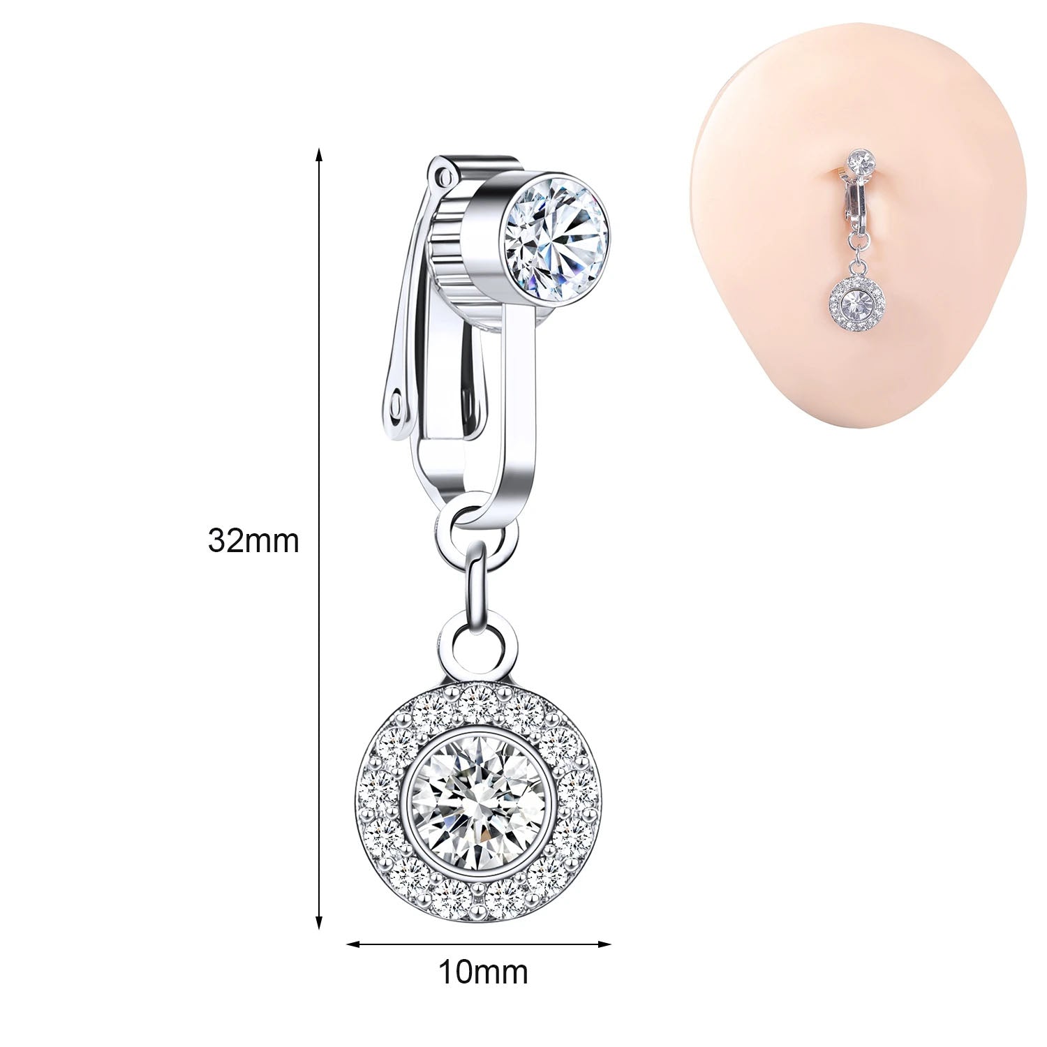 Clip-On Belly Button Piercing CZ Crystal - No-Pain Fake Navel Ring 10 Styles - TradixPro