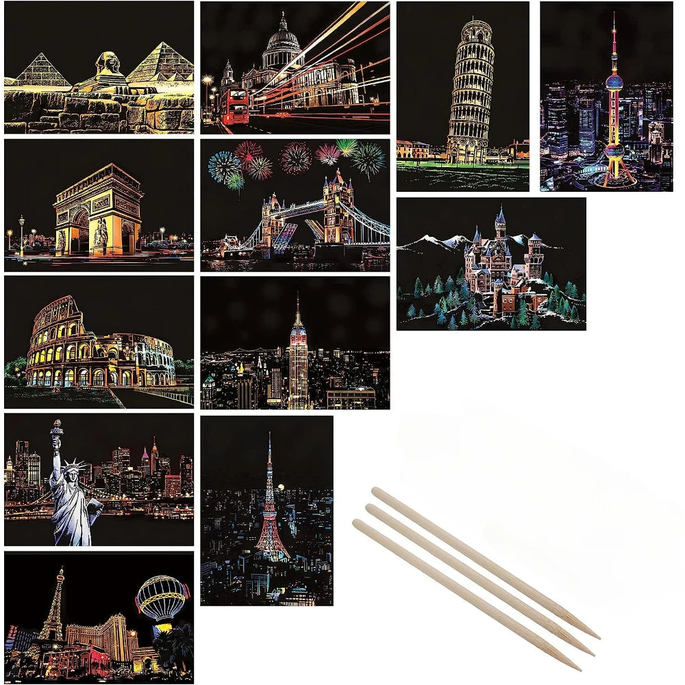 DIY Night Scene Scratch Art - 4 Piece World Cities Postcard Set - TradixPro