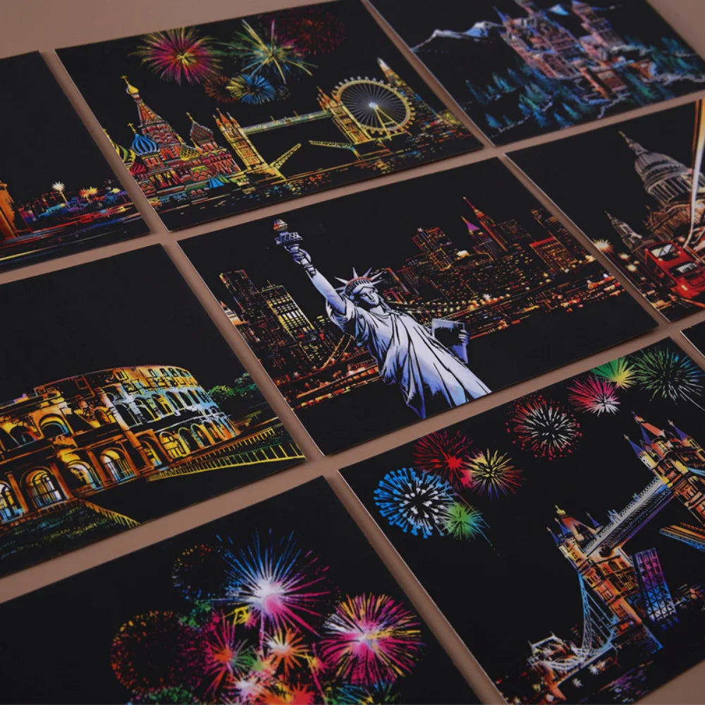 DIY Night Scene Scratch Art - 4 Piece World Cities Postcard Set - TradixPro