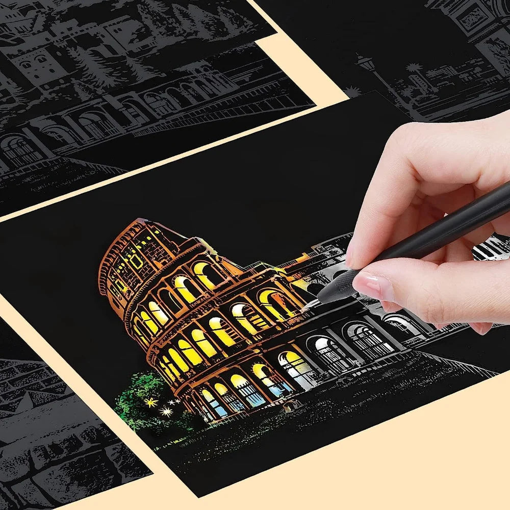 DIY Night Scene Scratch Art - 4 Piece World Cities Postcard Set - TradixPro