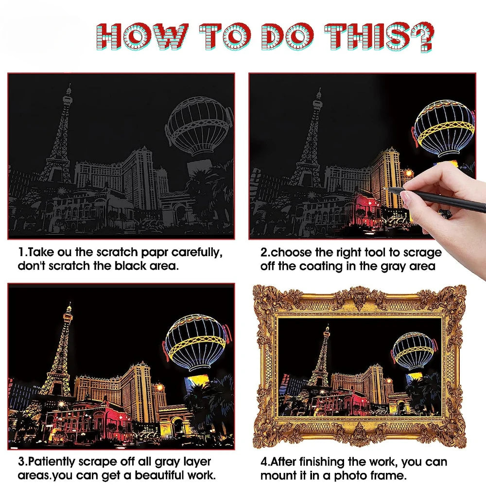 DIY Night Scene Scratch Art - 4 Piece World Cities Postcard Set - TradixPro