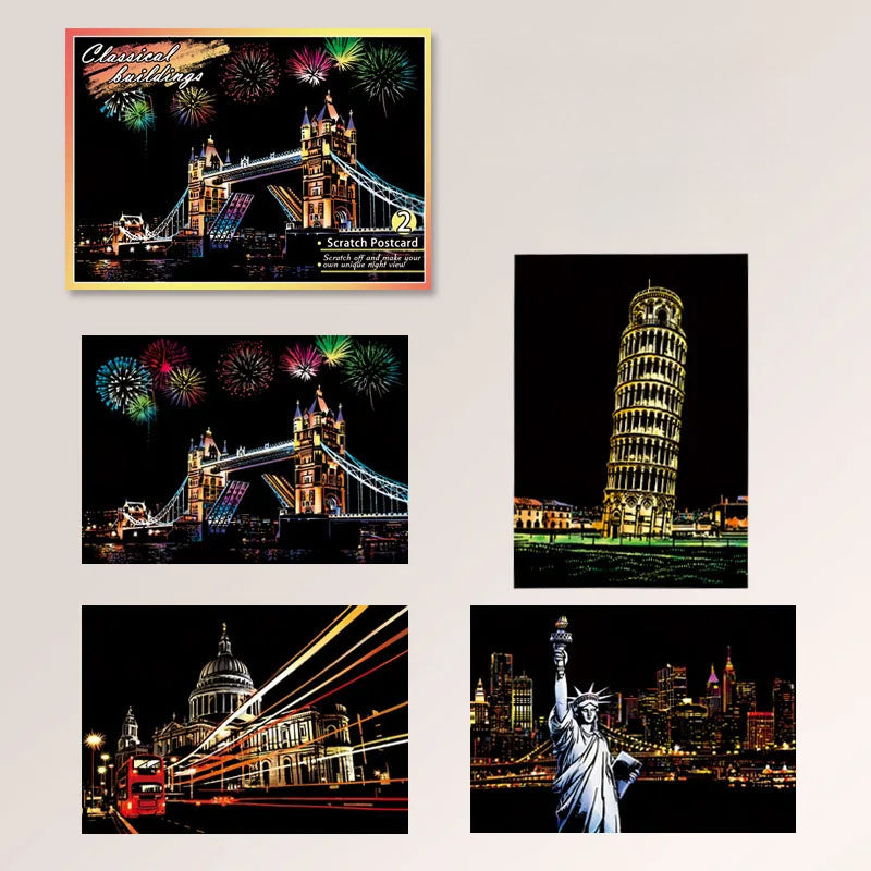 DIY Night Scene Scratch Art - 4 Piece World Cities Postcard Set - TradixPro