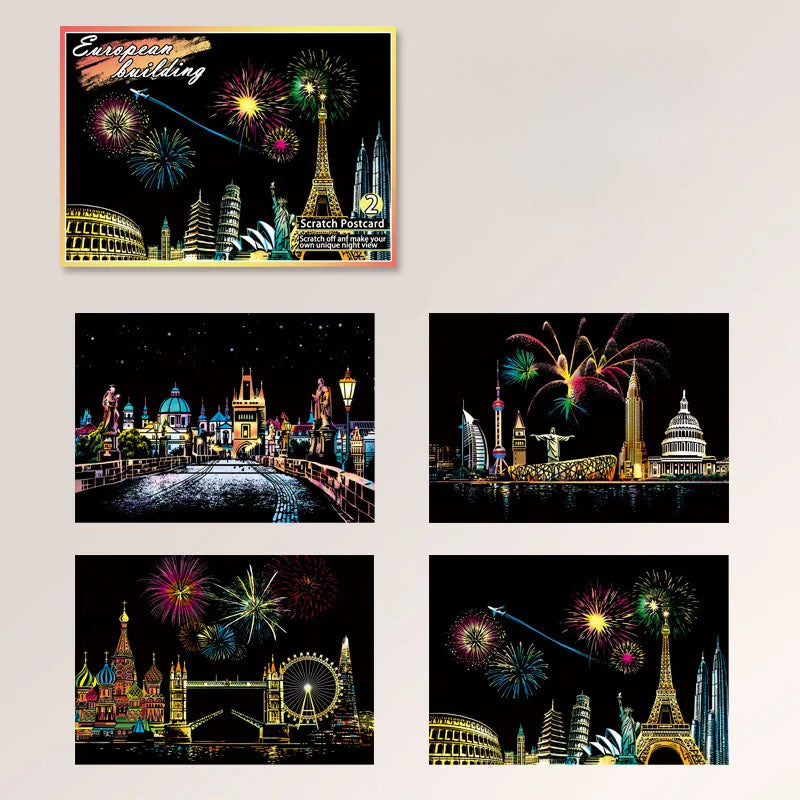 DIY Night Scene Scratch Art - 4 Piece World Cities Postcard Set - TradixPro