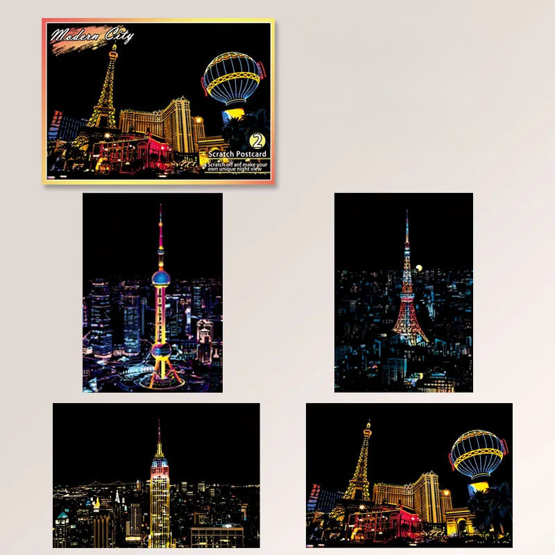 DIY Night Scene Scratch Art - 4 Piece World Cities Postcard Set - TradixPro