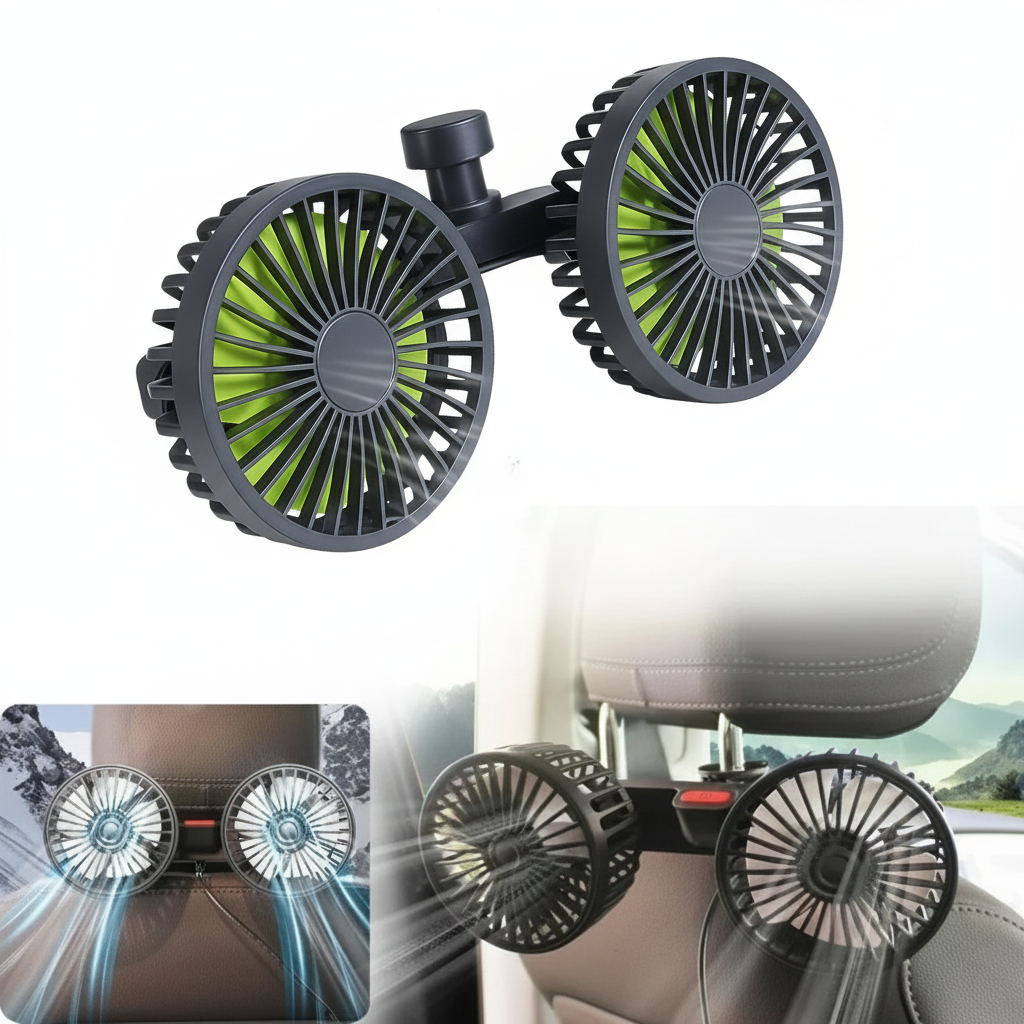 Dual-Head Car Seat Fan with 360° Rotation - Rechargeable Cooling for Kids & Pets - TradixPro