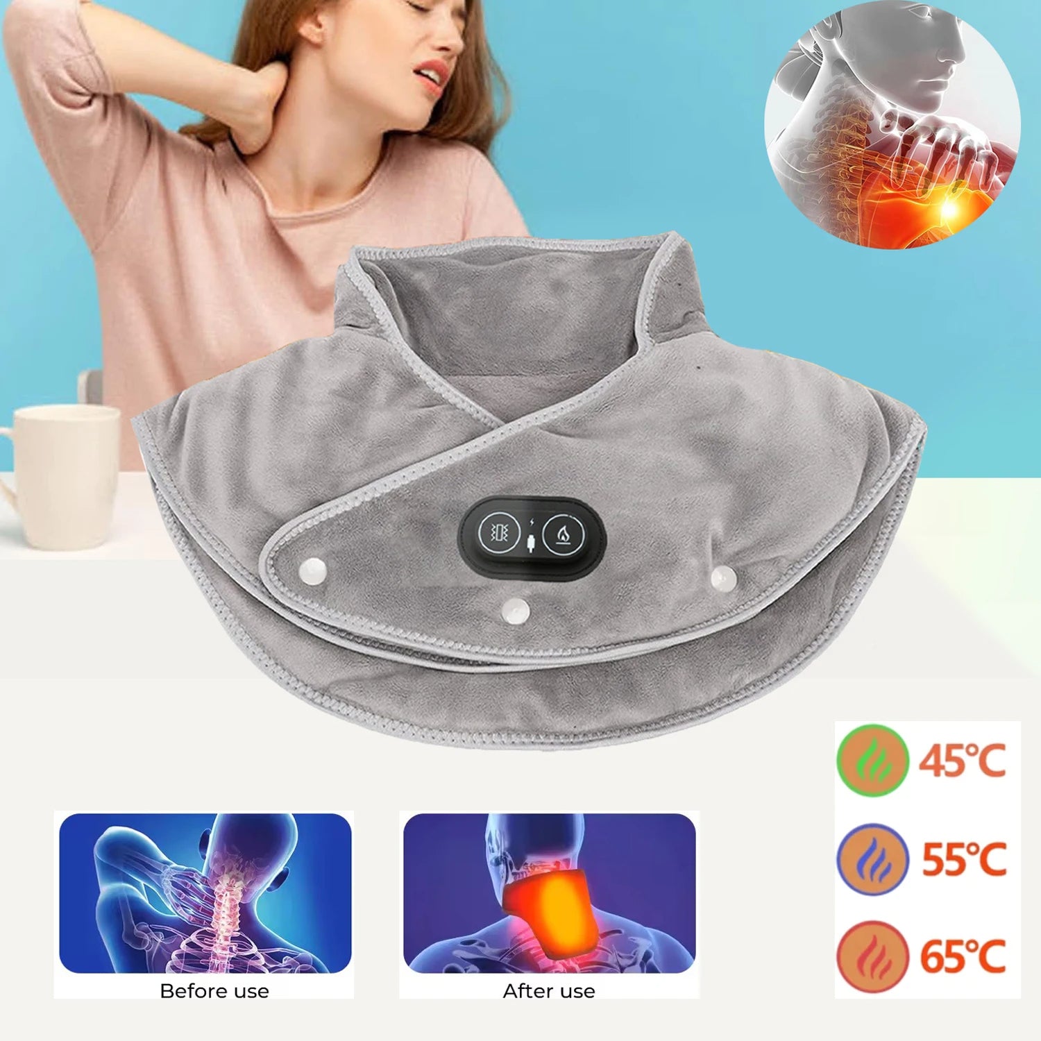 Electric Heated Neck & Shoulder Wrap - USB Vibration Massage Therapy Pad - TradixPro