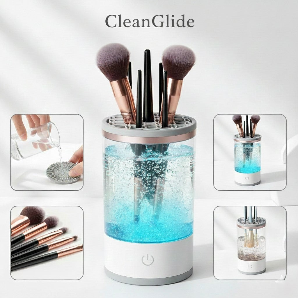 Makeup brush cleaner with water and brushes on a white background
