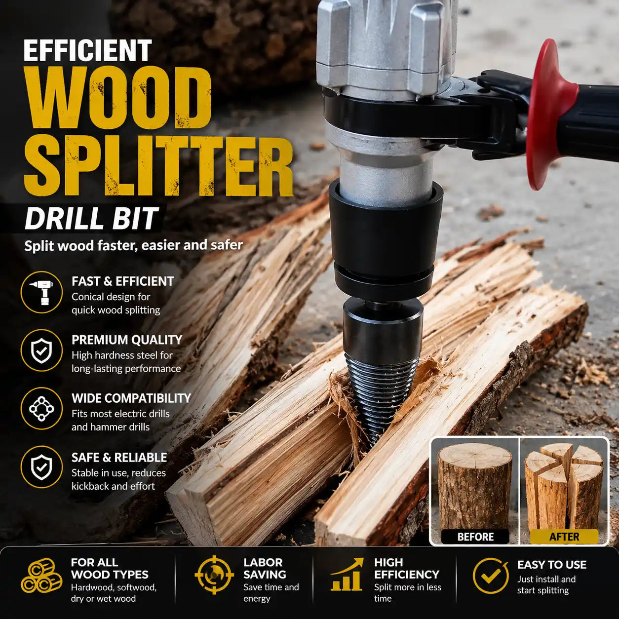 Firewood Splitter Drill Bit 42mm — Hex, Round & Square Shank