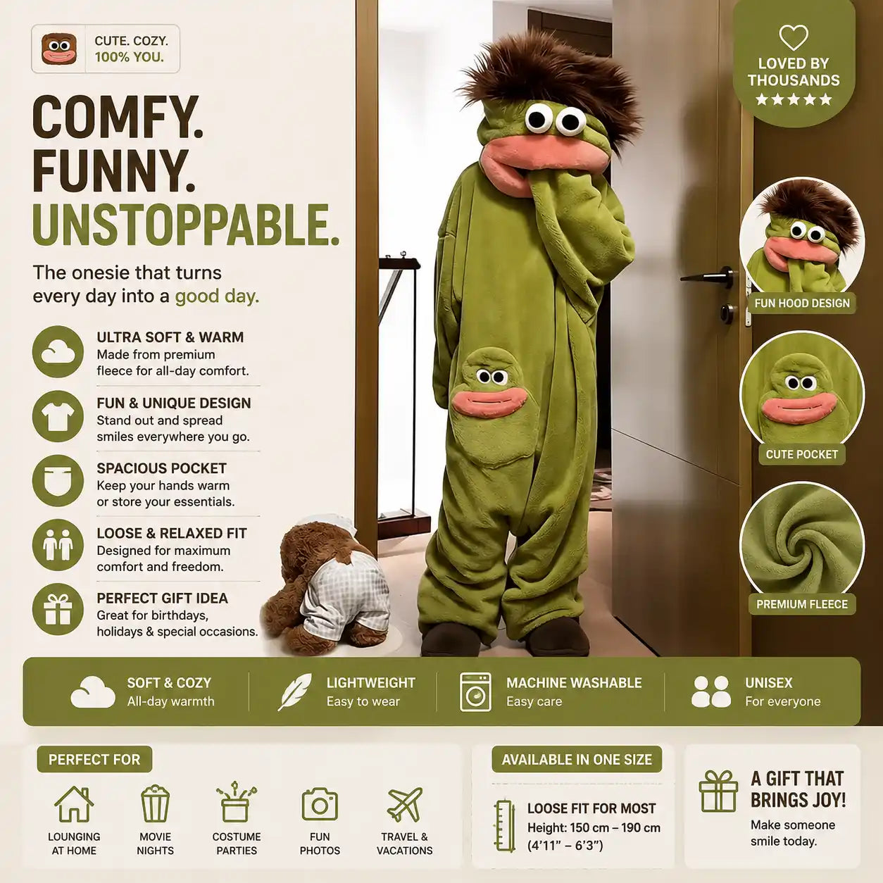 Green Monster Onesie with Hood - Cozy Plush Unisex Pajamas