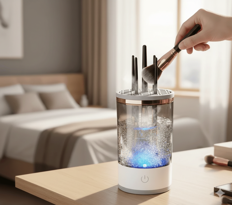 Hairbrush in a clear container with blue light on a wooden surface, bedroom background