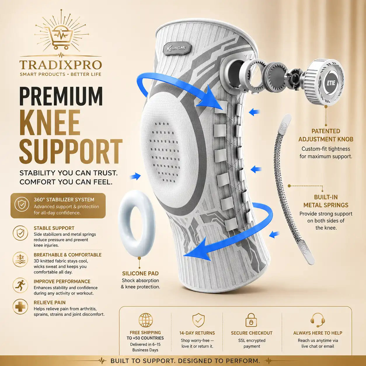 Adjustable Knee Brace with Patella Gel Pad & Stabilizers M-XXL