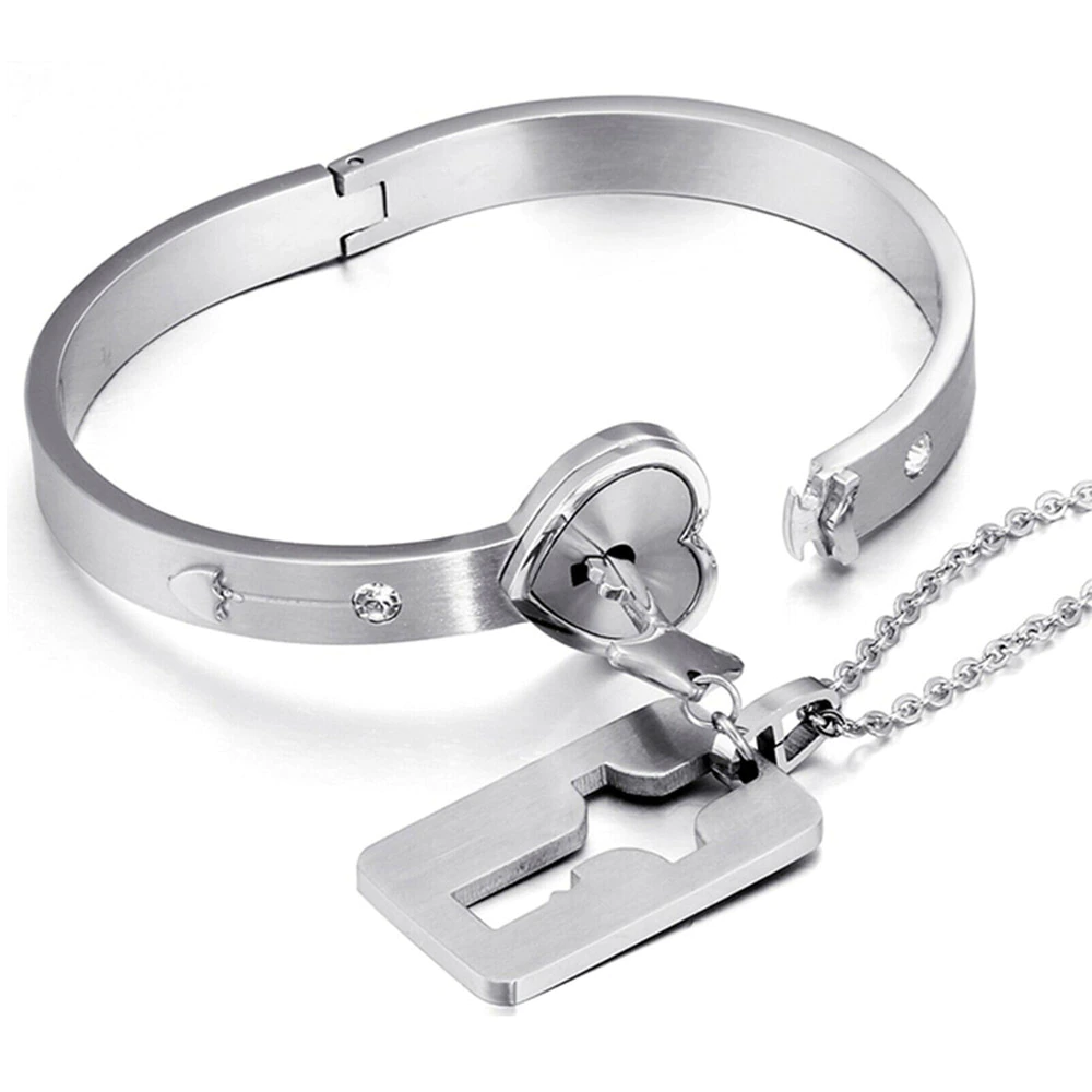 Lovers Lock & Key Bracelet Necklace Set - Matching Couples Jewelry | Heart Lock Design - TradixPro