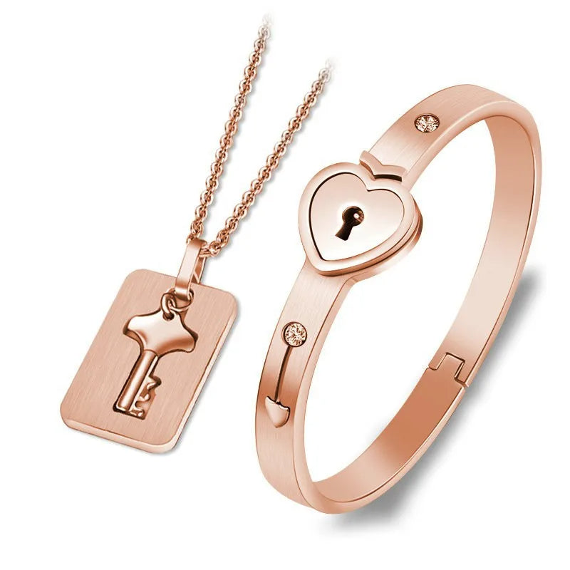 Lovers Lock & Key Bracelet Necklace Set - Matching Couples Jewelry | Heart Lock Design - TradixPro