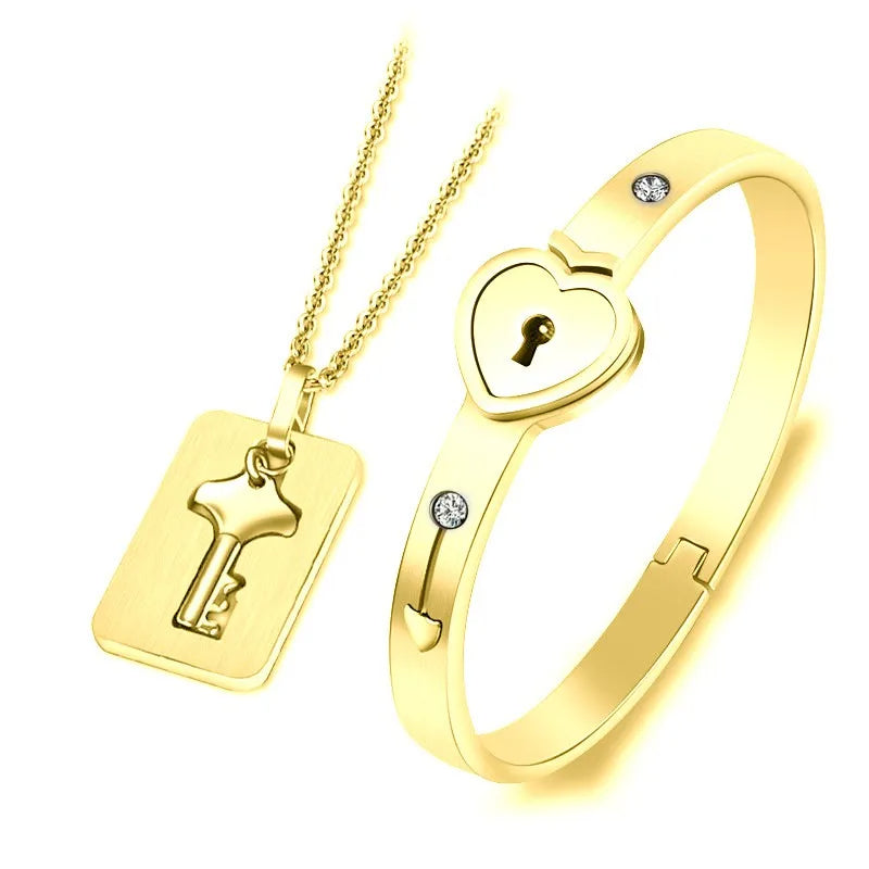 Lovers Lock & Key Bracelet Necklace Set - Matching Couples Jewelry | Heart Lock Design - TradixPro