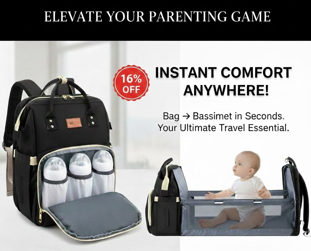 Black backpack with baby bottles and a baby bassinet, with promotional text about instant comfort and travel essential.