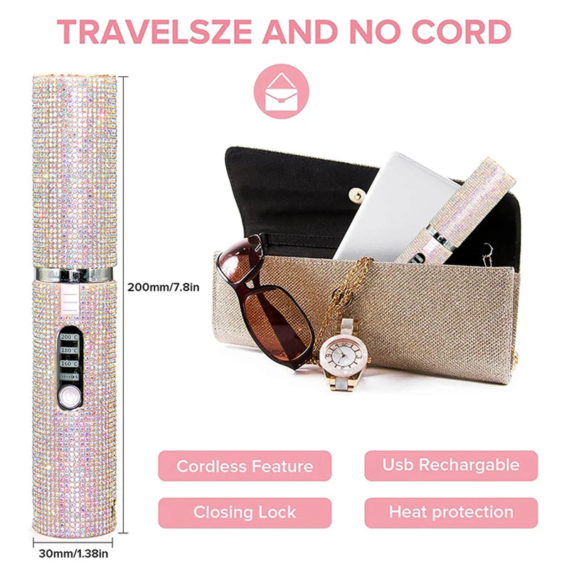 Portable Cordless Hair Straightener - Rhinestone Design with Power Bank - TradixPro
