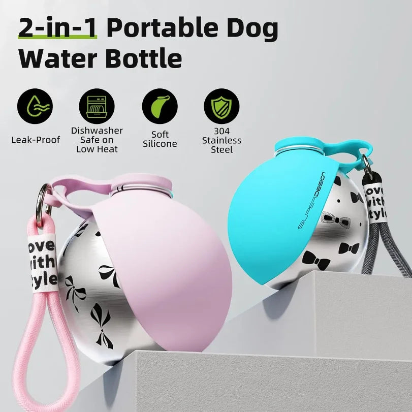 Portable Dog Water Bottle with Bowl - Stainless Steel Leak-Proof Travel - TradixPro