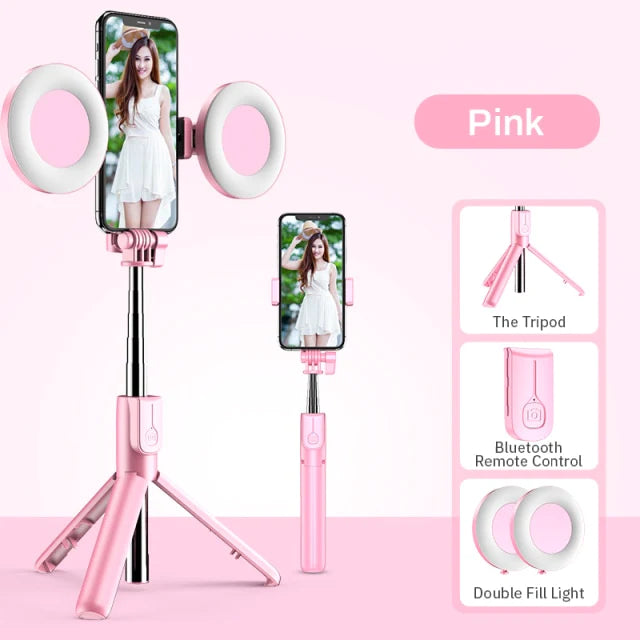 Portable Tripod Selfie Stick with Dual LED Lights - Rechargeable Ring Light - TradixPro