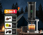 3-in-1 espresso machine in a camping setting with a tent and fire.