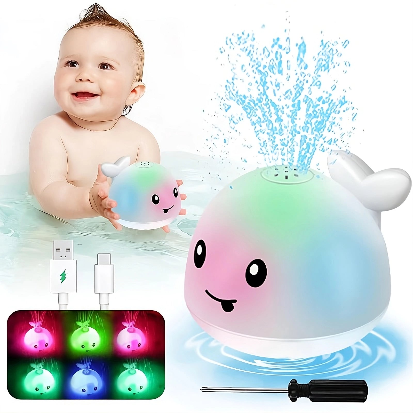 Rechargeable Whale Bath Toy - Light-Up Water Spray | Auto-Sensing Baby Bath Toy - TradixPro
