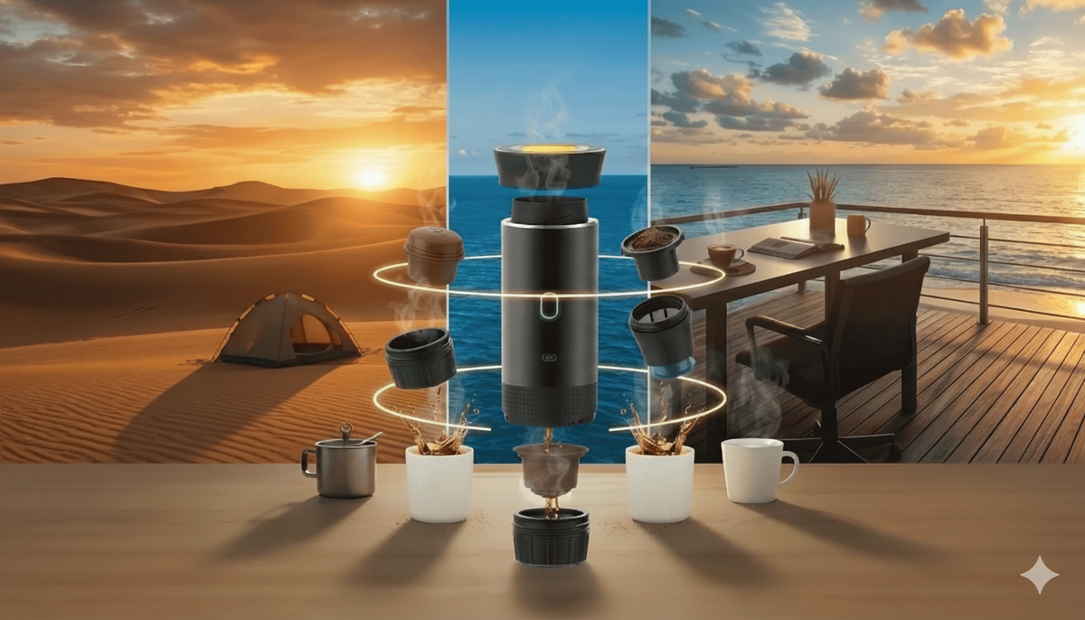 Cafetière en action avec différentes scènes : désert, mer et terrasse.