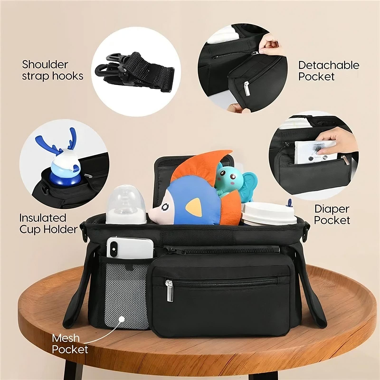 Universal Stroller Organizer with Insulated Cup Holders - Multi-Pocket Storage Bag - TradixPro