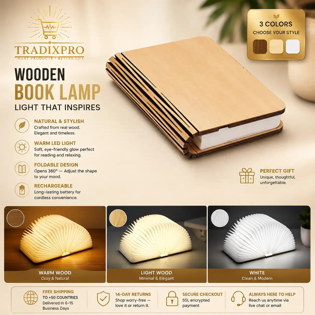 Folding Wooden Book Lamp USB Touch Dimmable LED Night Light