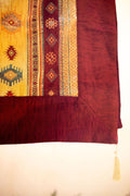 Yellow and burgundy geometric stripes with a wide plain burgundy rug border