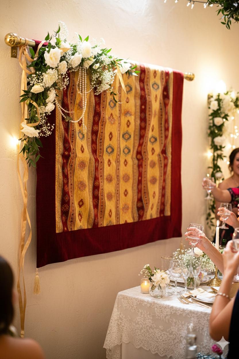 Square burgundy and yellow Turkish rug displayed in a decorated wall styling scene