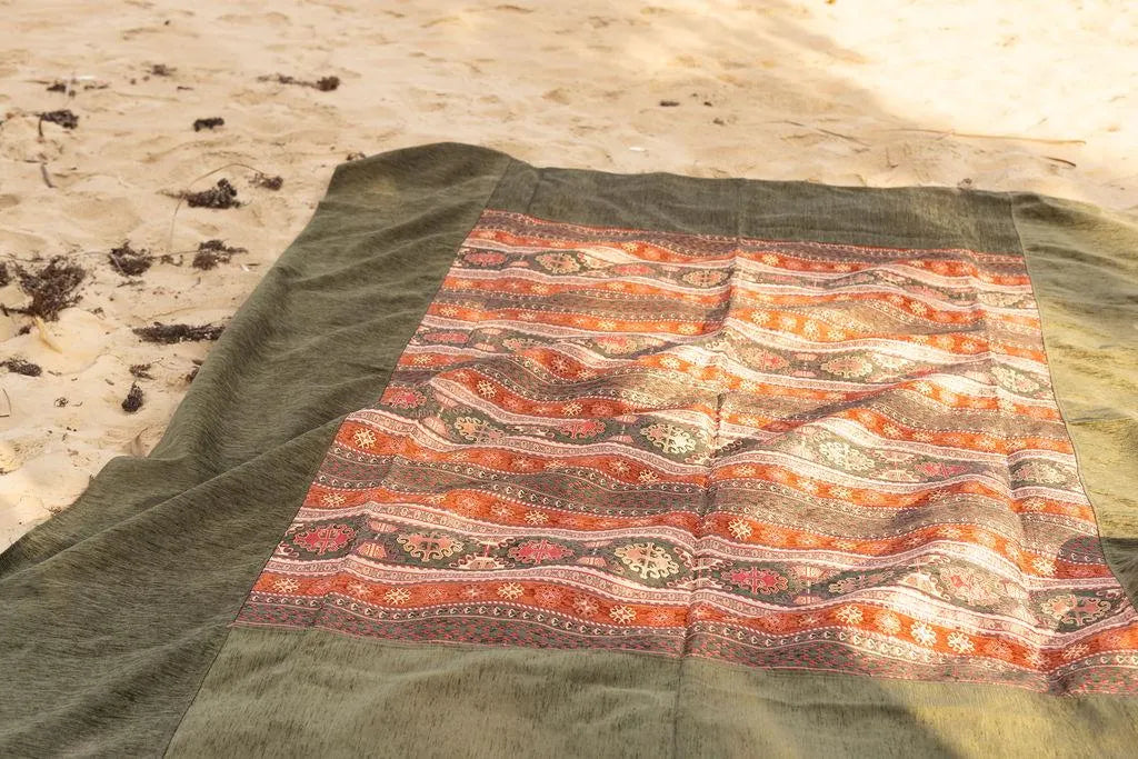 Close-up of geometric motifs and contrasting rust-colored stripes beside the olive rug border