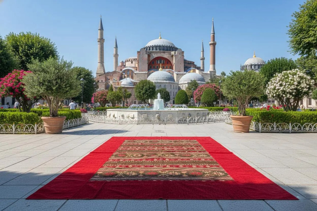 Staged image of a red-bordered Turkish rug displayed in a courtyard before a domed building