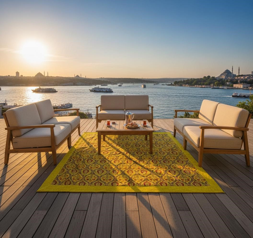 Yellow floral rug shown beneath a coffee table in a staged waterfront terrace scene