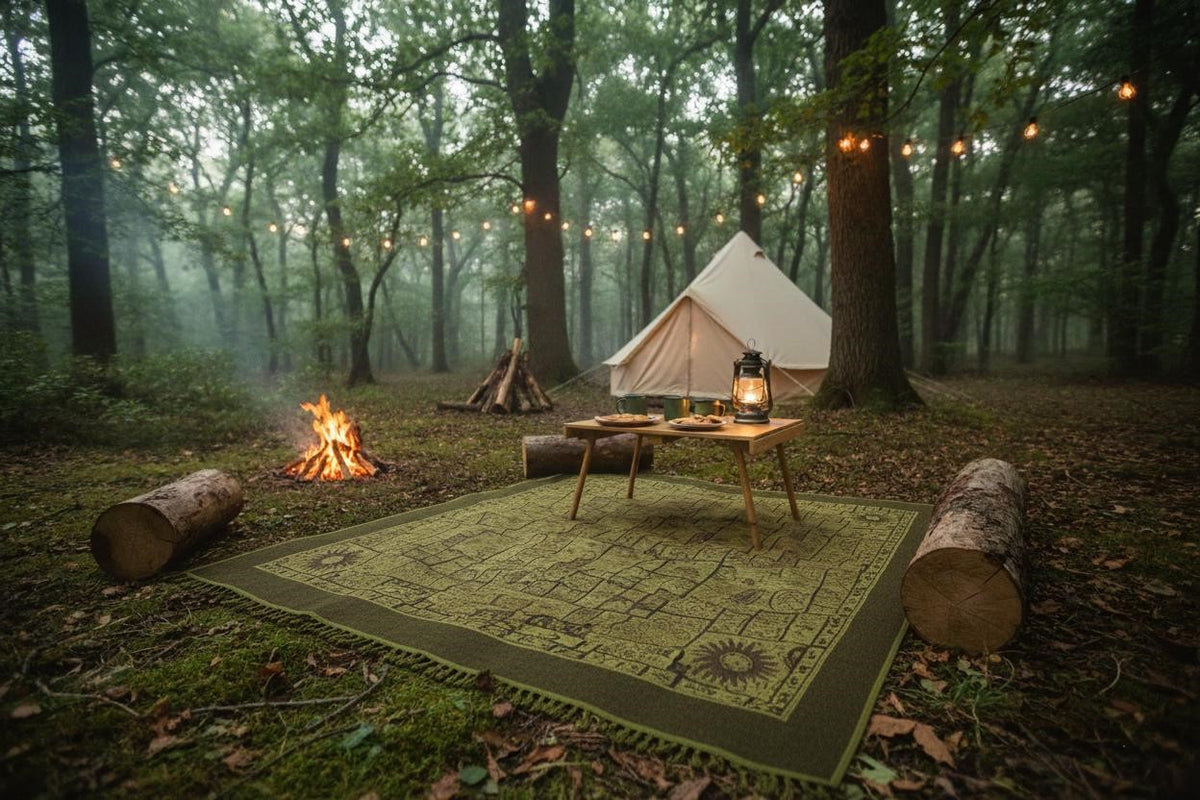Olive botanical patchwork-design rug shown in a staged woodland campsite scene