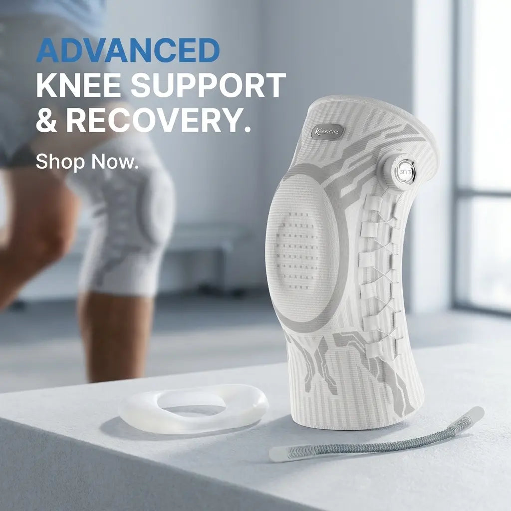 Knee support device on a table with text promoting advanced knee support and recovery.